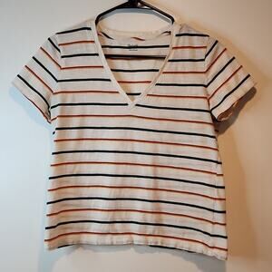 Madewell Short Sleeve V Neck Shirt Striped 100% Cotton Women's Sz Small EUC NICE